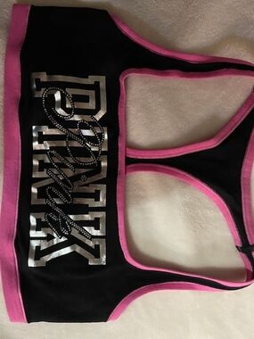 Victoria's Secret Black Sports Bra with Pink Trim and Silver Logo